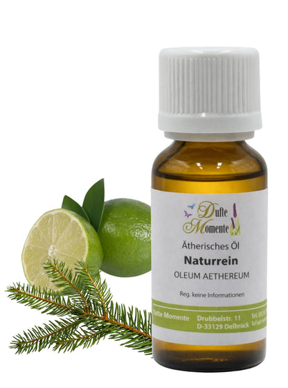 Ätherische Ölmischung Edeltanne Limette 10 ml Flasche mit Limette und Tannenzweig