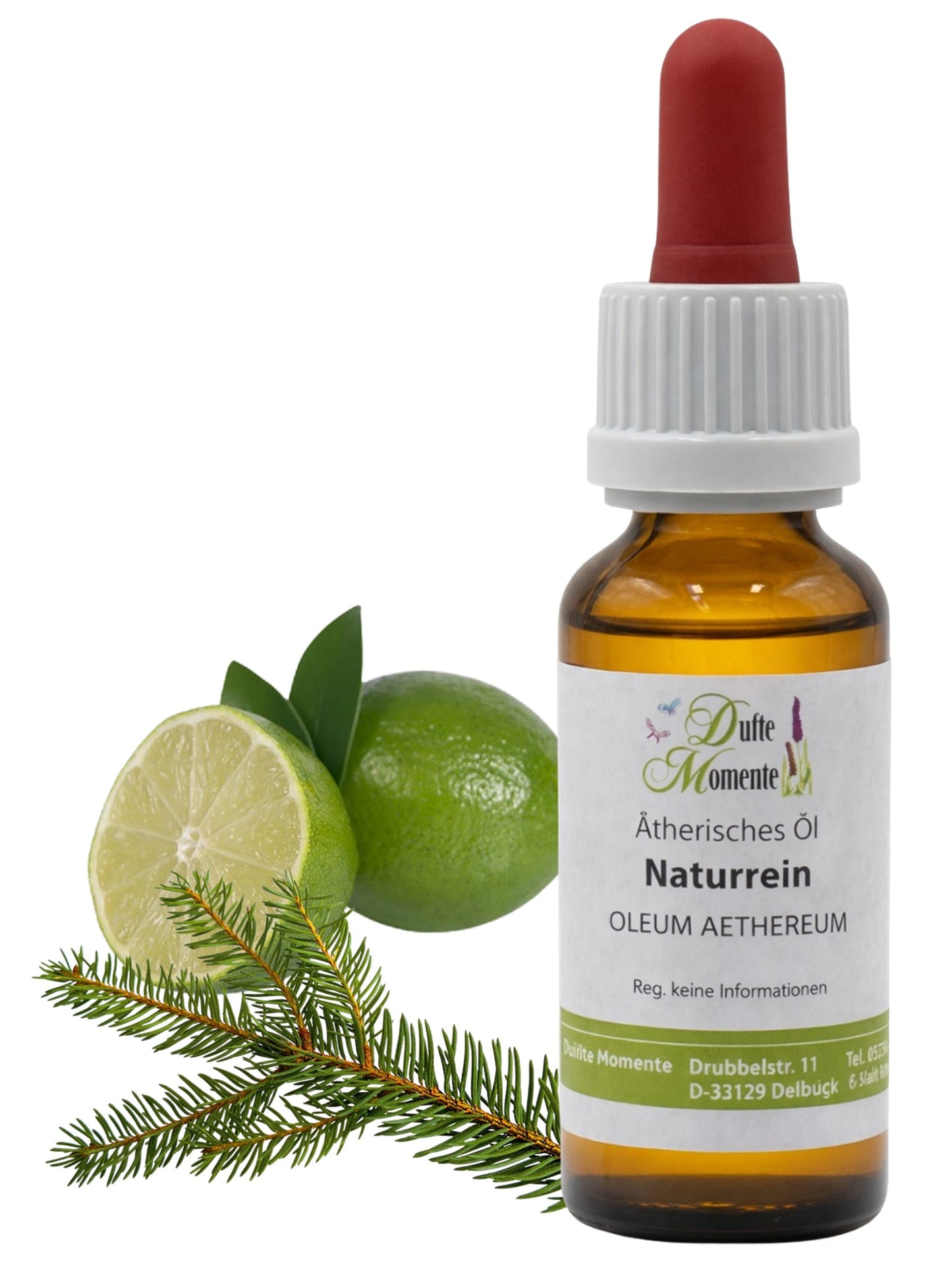 Ätherische Ölmischung Edeltanne Limette 10 ml Flasche mit Pipette und Limette