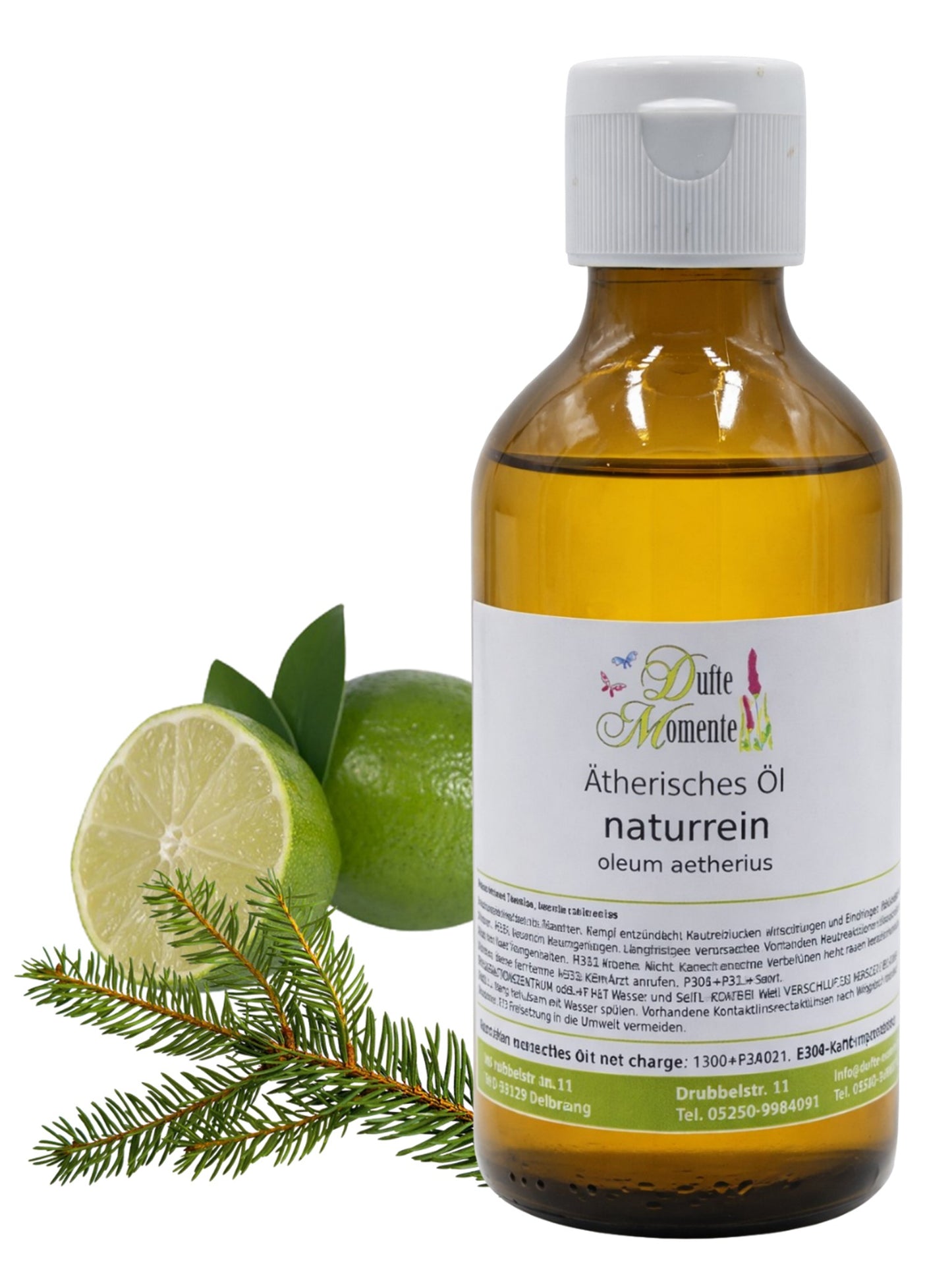Ätherische Ölmischung Edeltanne Limette 250 ml Flasche mit Limette und Tannenzweig