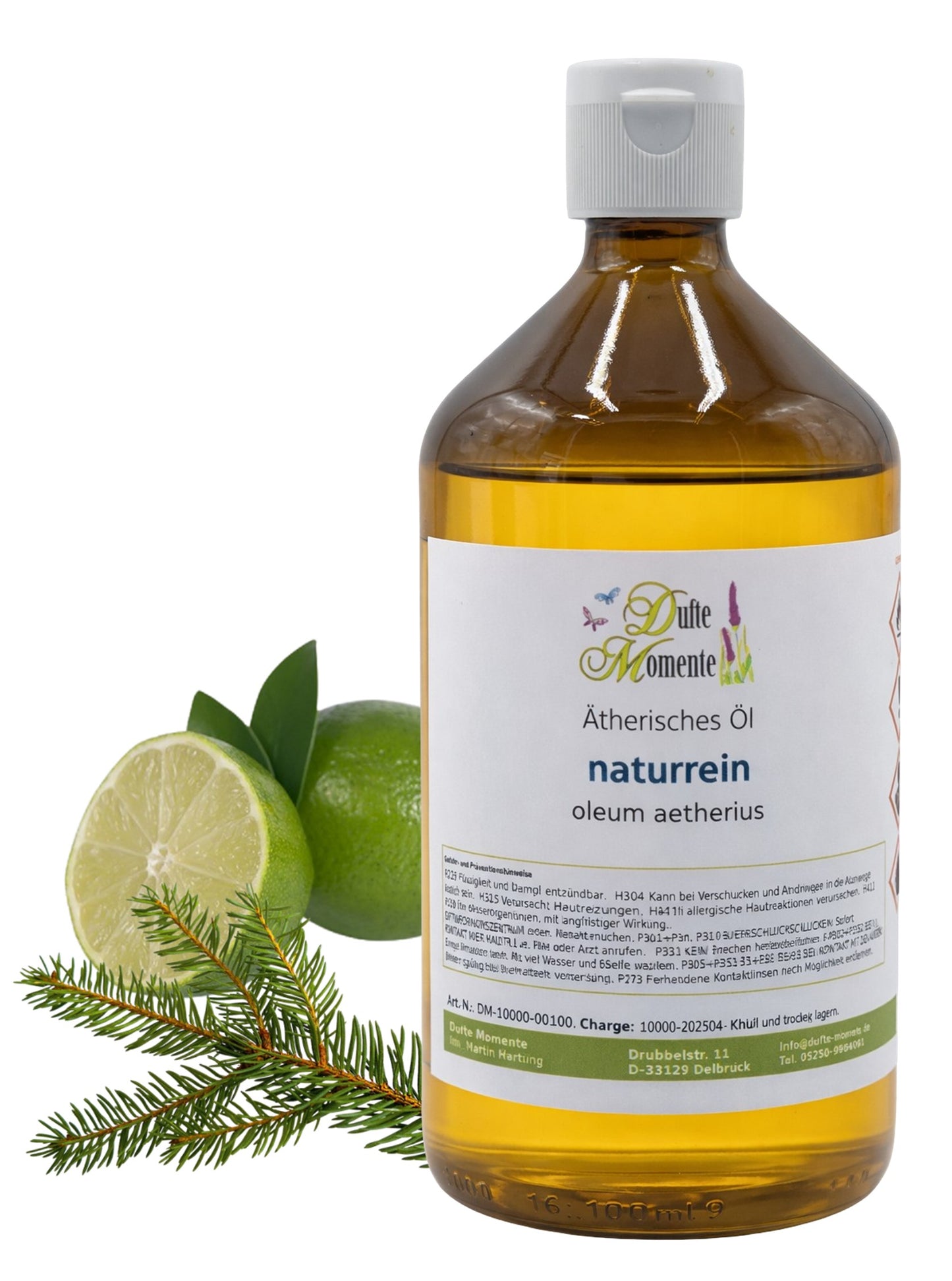 Ätherische Ölmischung Edeltanne Limette 500 ml Flasche mit Limette und Tannenzweig