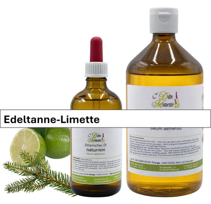 Ätherische Ölmischung Edeltanne Limette Flaschen mit und ohne Pipette mit Limette und Tannenzweig