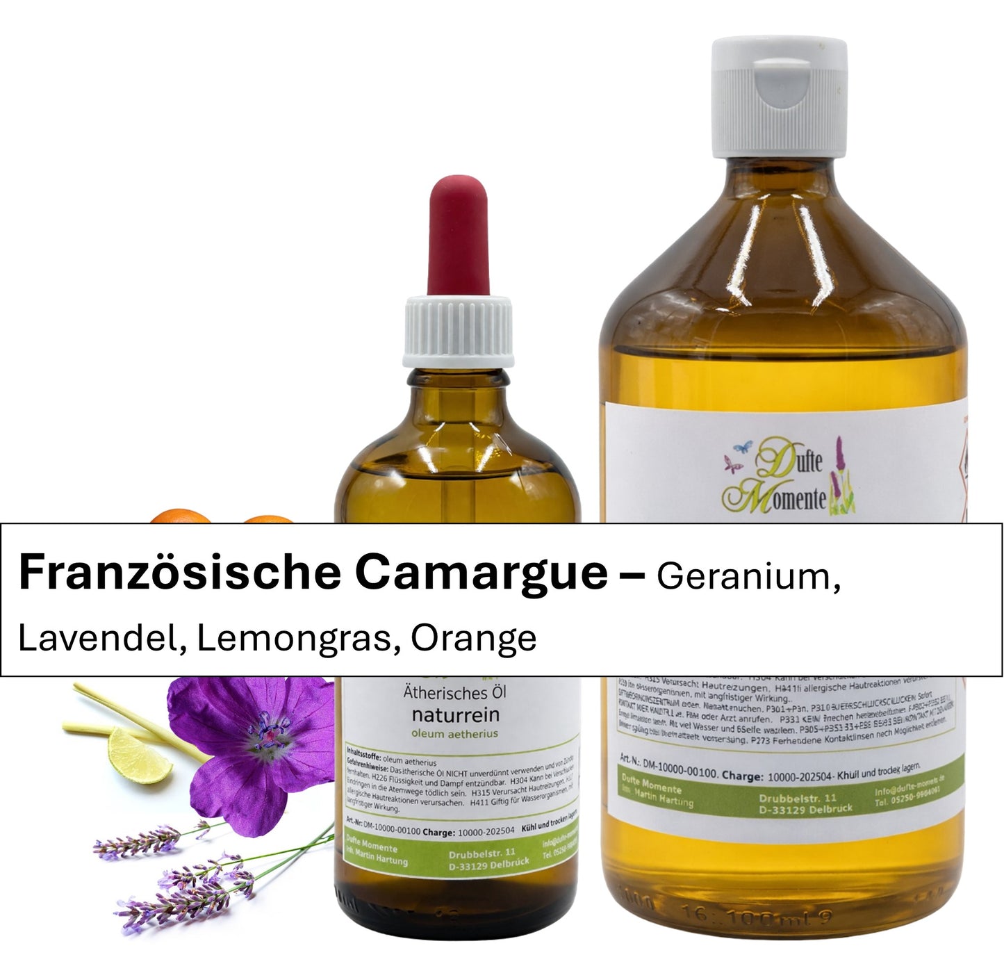 Ätherische Ölmischung Französische Camargue naturrein mit Geranium Lavendel Lemongras und Orange in Glasflaschen Dufte Momente
