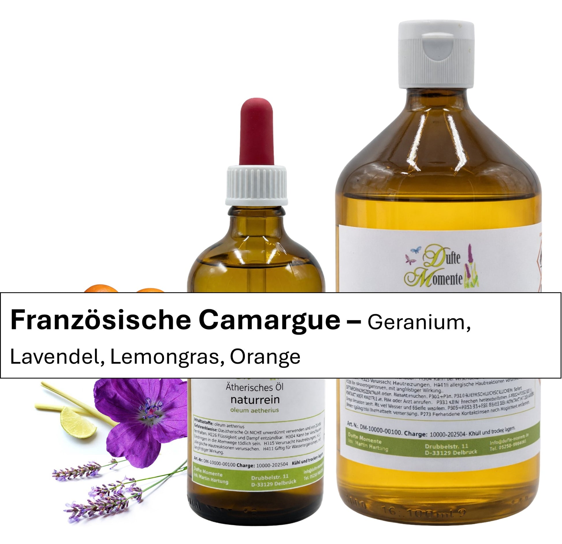 Ätherische Ölmischung Französische Camargue naturrein mit Geranium Lavendel Lemongras und Orange in Glasflaschen Dufte Momente