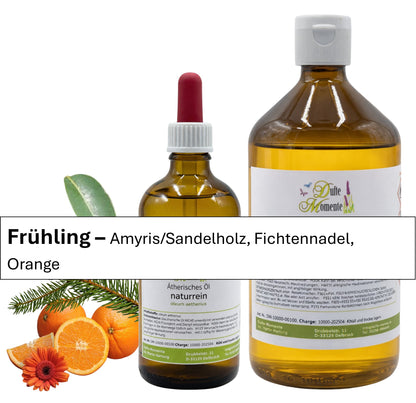 Ätherische Ölmischung Frühling mit Amyris Fichtennadel und Orange in Glasflaschen mit natürlichen Zutaten Dufte Momente
