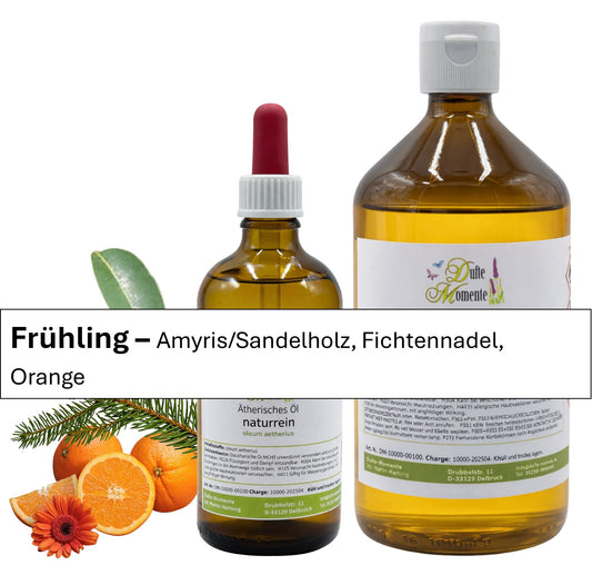 Ätherische Ölmischung Frühling mit Amyris Fichtennadel und Orange in Glasflaschen mit natürlichen Zutaten Dufte Momente