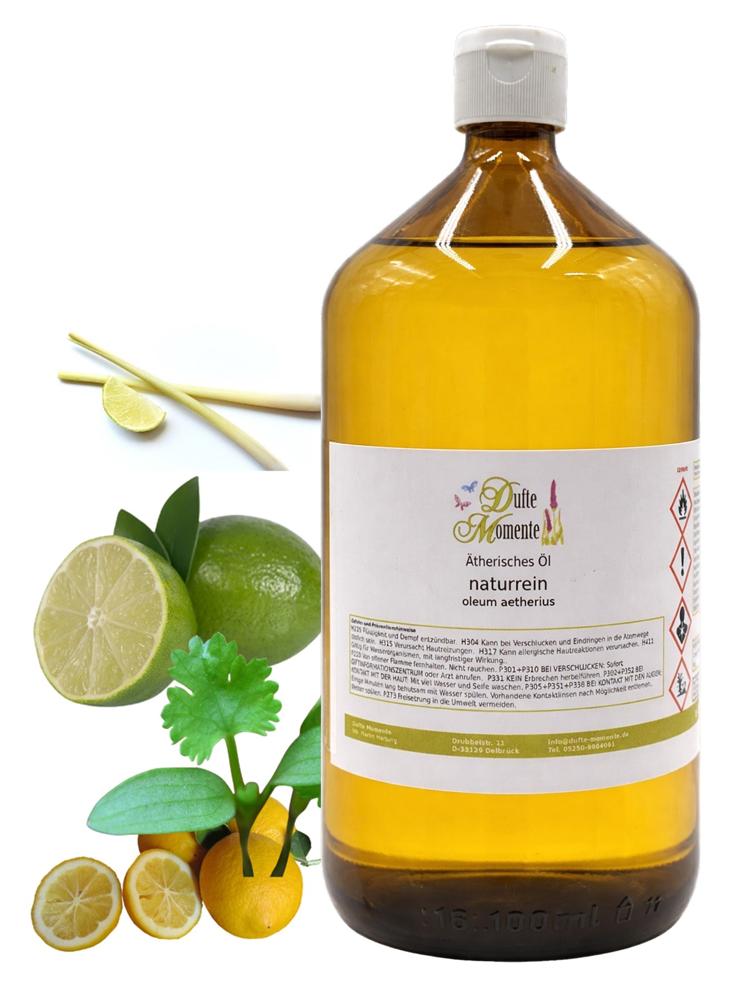 Ätherische Ölmischung Gewürz-Citrus naturrein mit Lemongras Limette und Zitrone in Glasflasche Dufte Momente 1000 ml