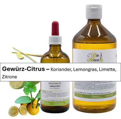 Ätherische Ölmischung Gewürz-Citrus naturrein mit Koriander Lemongras Limette und Zitrone in Glasflaschen Dufte Momente