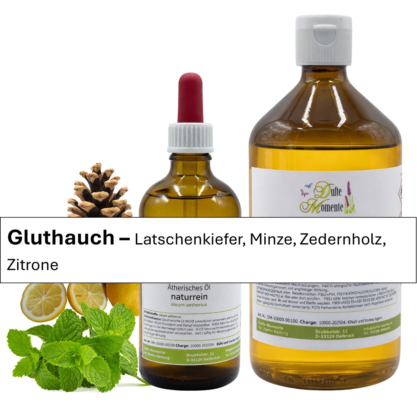 Ätherische Ölmischung Gluthauch naturrein mit Latschenkiefer Minze Zedernholz und Zitrone in Glasflaschen Dufte Momente