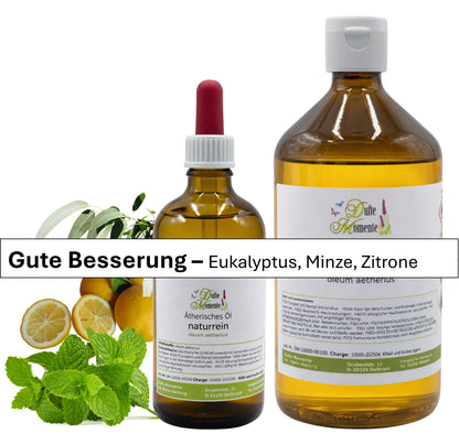 Ätherische Ölmischung Gute Besserung naturrein mit Eukalyptus Minze und Zitrone in Glasflaschen Dufte Momente