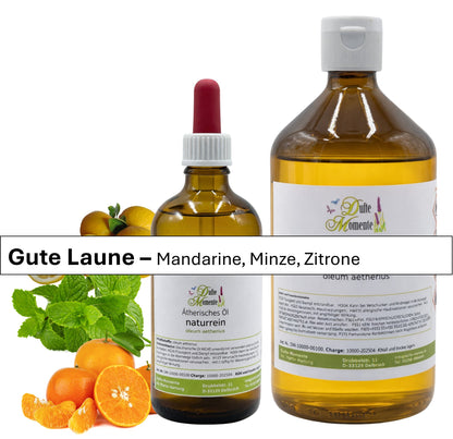 Ätherische Ölmischung Gute Laune naturrein mit Mandarine Minze und Zitrone in Glasflaschen Dufte Momente