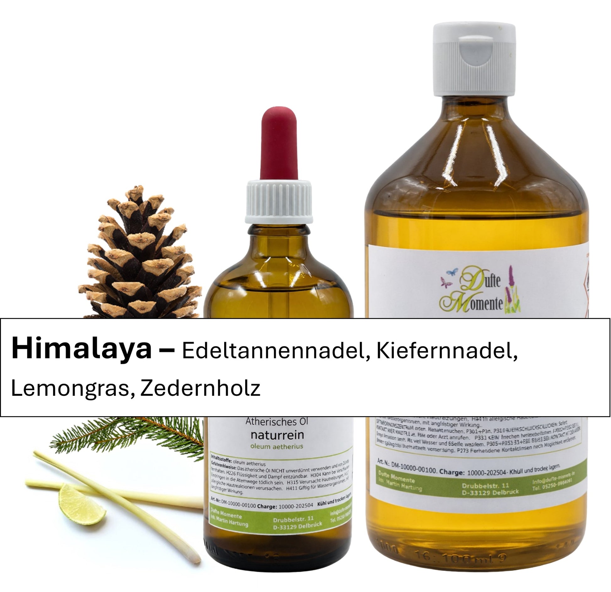 Ätherische Ölmischung Himalaya naturrein mit Edeltannennadel Kiefernadel Lemongras und Zedernholz in Glasflaschen Dufte Momente