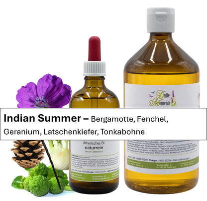 Ätherische Ölmischung Indian Summer mit Bergamotte, Fenchel, Geranium, Latschenkiefer und Tonkabohne – 10 ml und 1000 ml