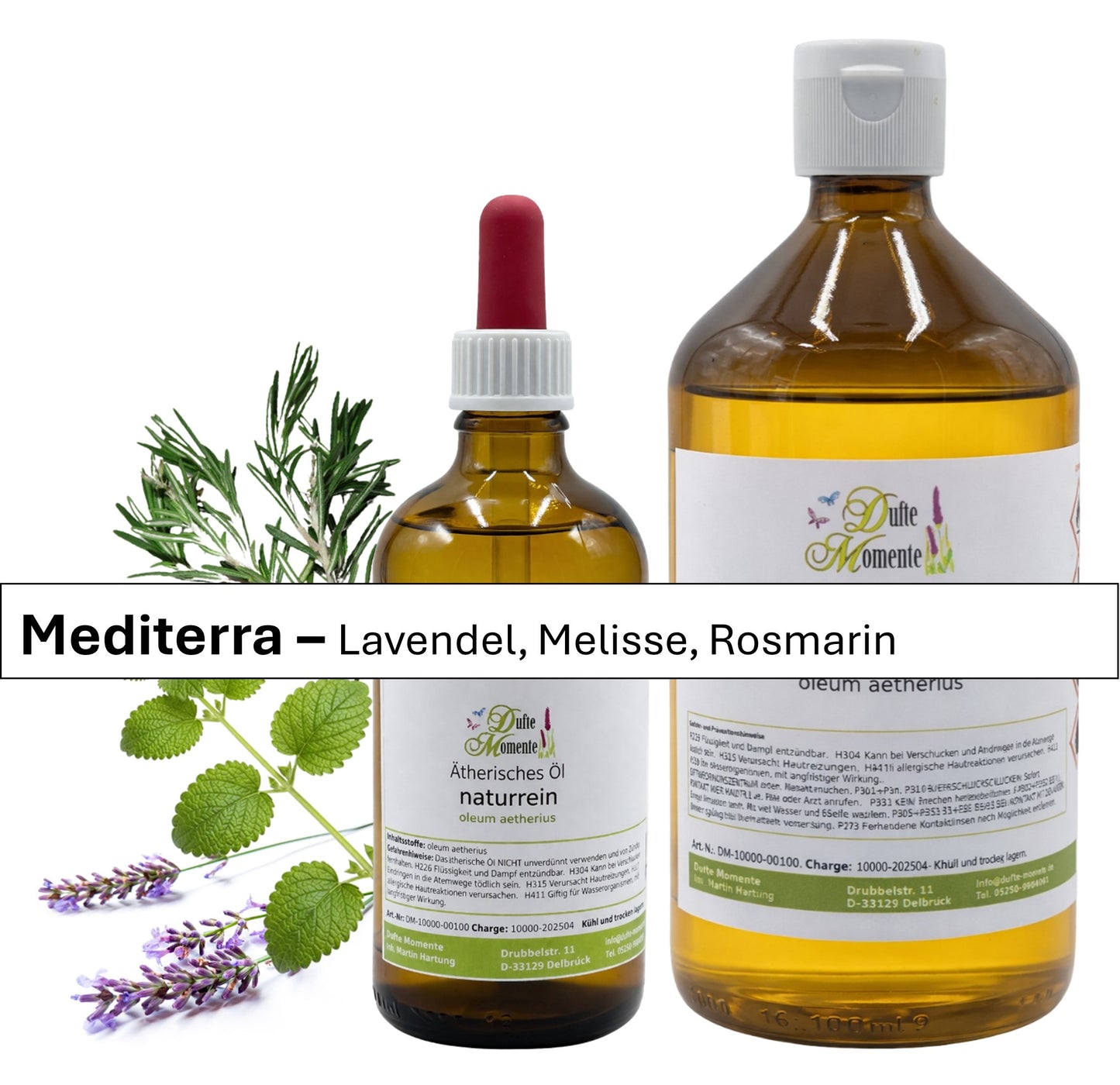 große und kleine Flasche der ätherischen Ölmischung Mediterra mit Rosmarin, Melisse und Lavendel