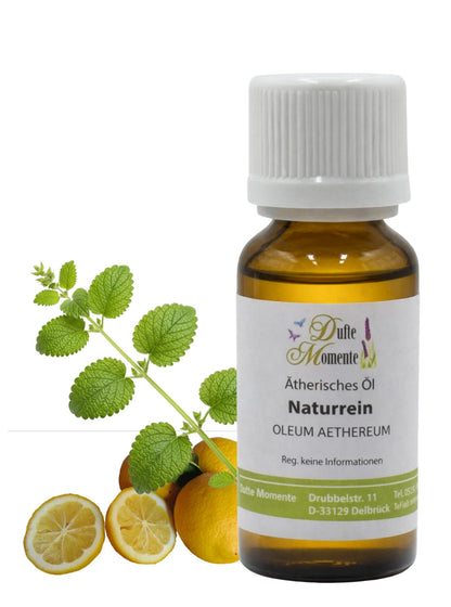 10-ml-Flasche der ätherischen Ölmischung Melisse-Zitrone von Dufte Momente mit Melisseblättern und Zitronen auf weißem Hintergrund