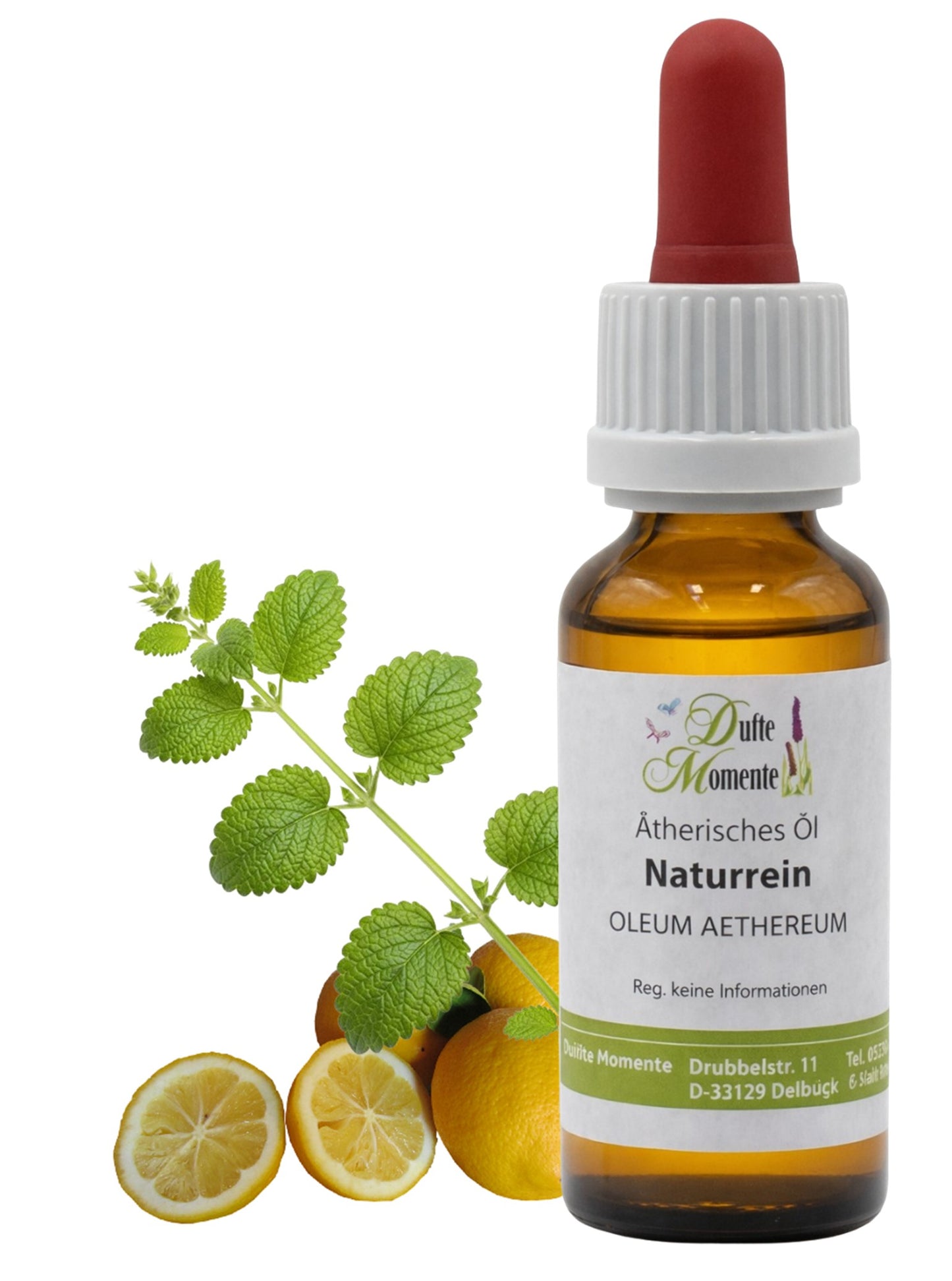 10-ml-Flasche mit Pipette der ätherischen Ölmischung Melisse-Zitrone von Dufte Momente mit Melisseblättern und Zitronen auf weißem Hintergrund