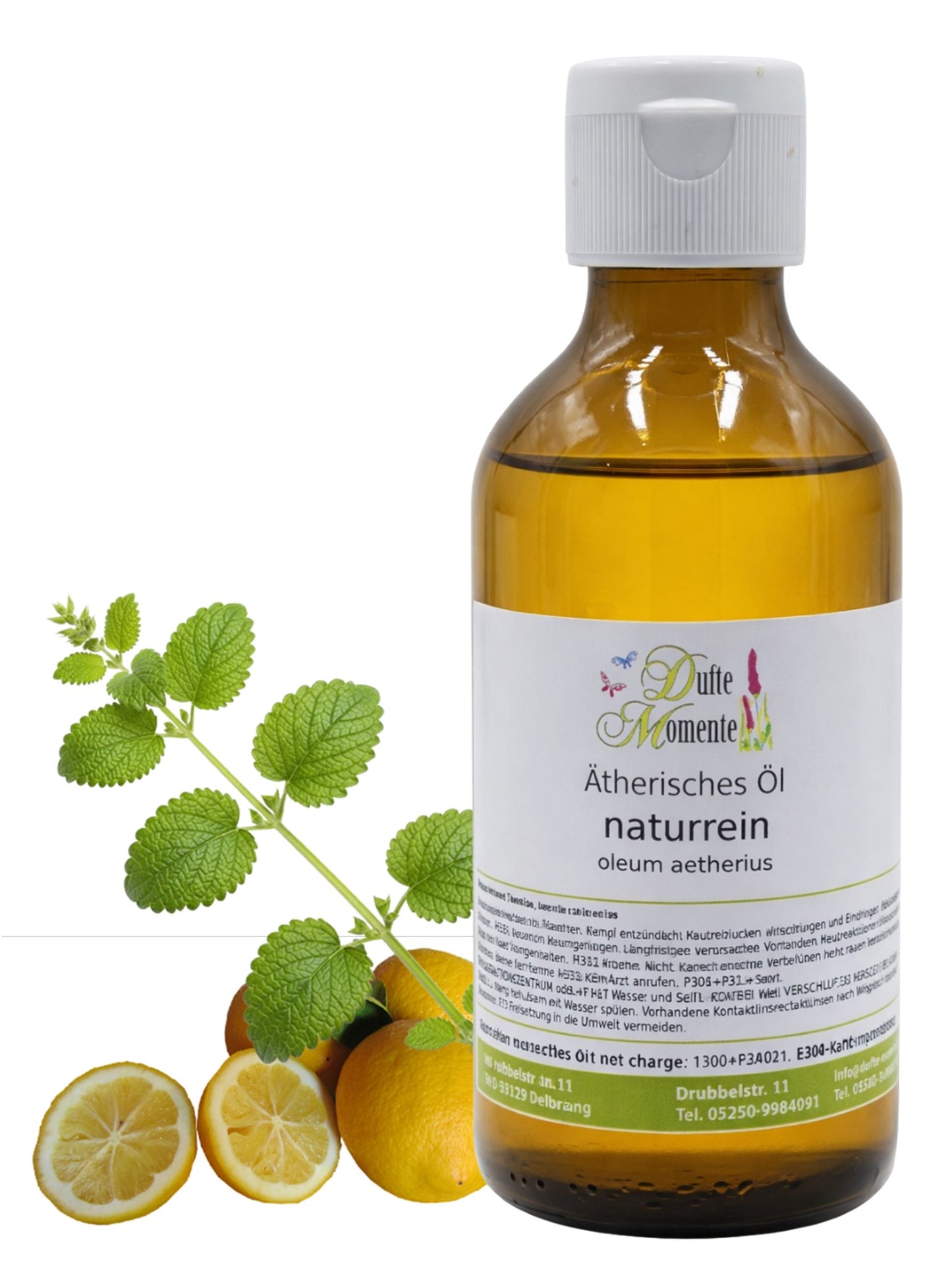 250-ml-Flasche der ätherischen Ölmischung Melisse-Zitrone von Dufte Momente mit Melisseblättern und Zitronen auf weißem Hintergrund