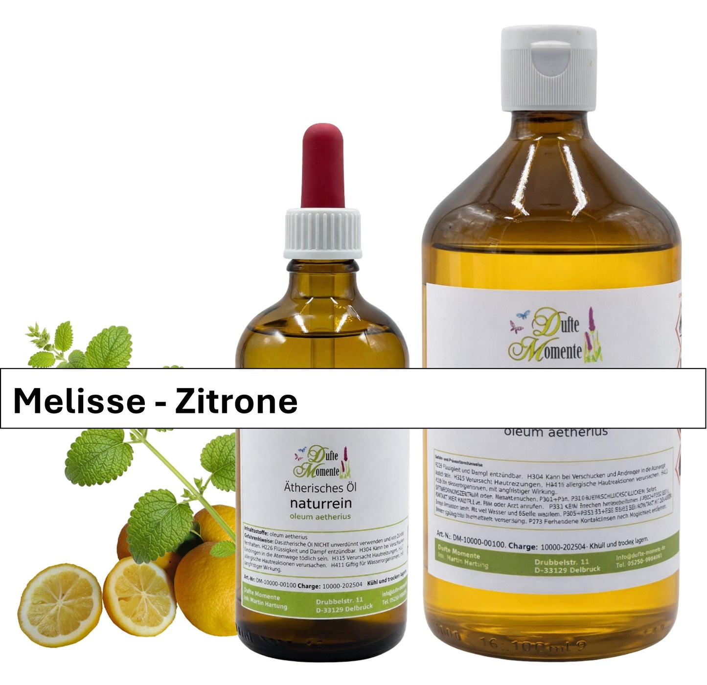 Ätherische Ölmischung Melisse-Zitrone von Dufte Momente in 10 ml und 1000 ml mit Melisse und Zitronen als Dekoration auf weißem Hintergrund