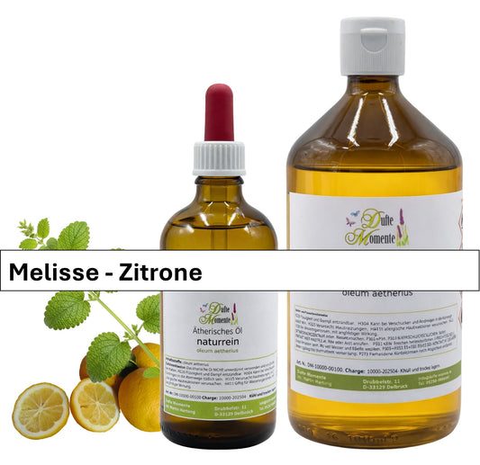 Ätherische Ölmischung Melisse-Zitrone von Dufte Momente in 10 ml und 1000 ml mit Melisse und Zitronen als Dekoration auf weißem Hintergrund