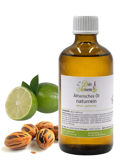 100-ml-Flasche der ätherischen Ölmischung Muskalimetto mit Limetten und Muskatnüssen