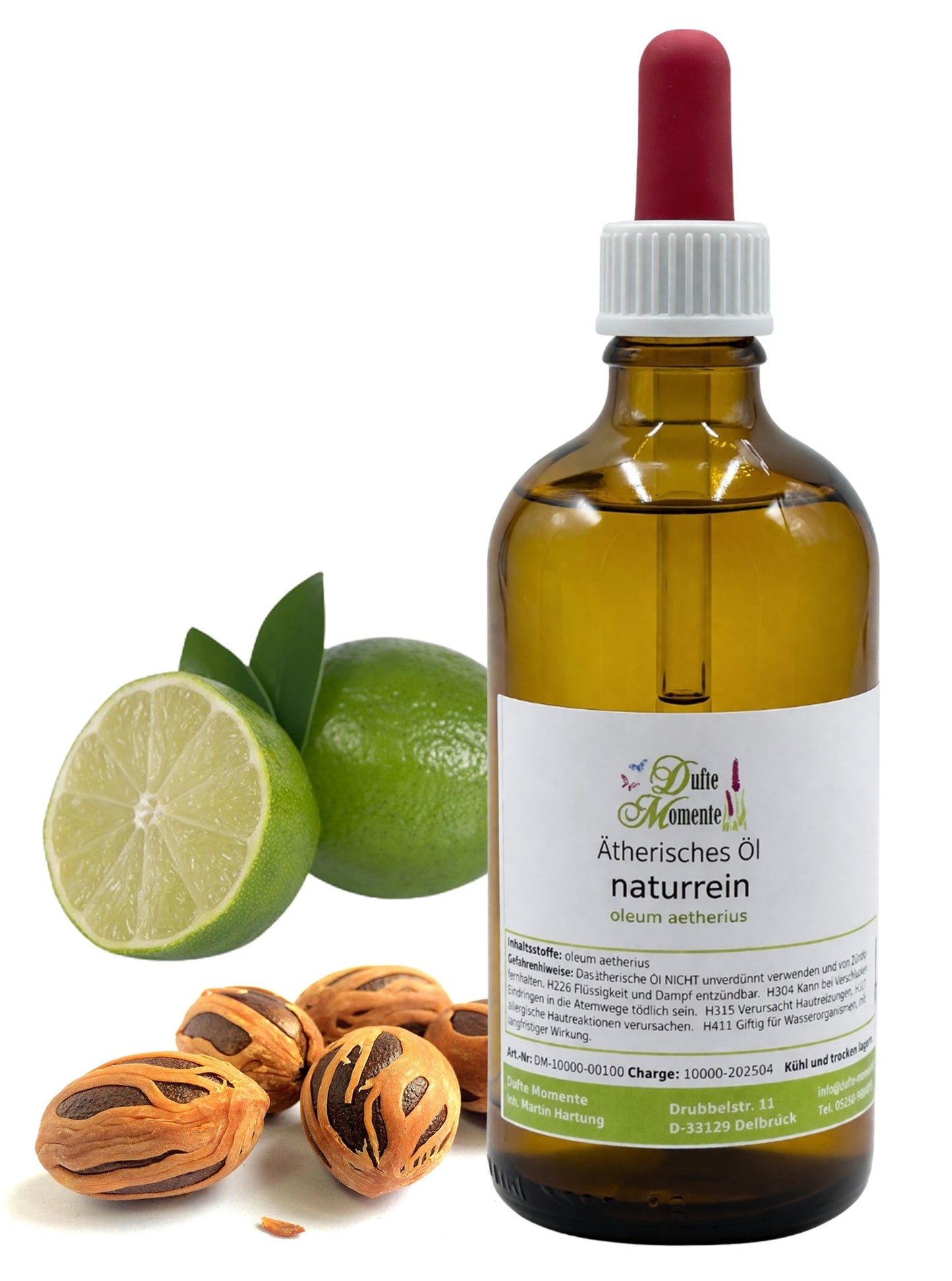 100-ml-Flasche mit Pipette der ätherischen Ölmischung Muskalimetto mit Limetten und Muskatnüssen