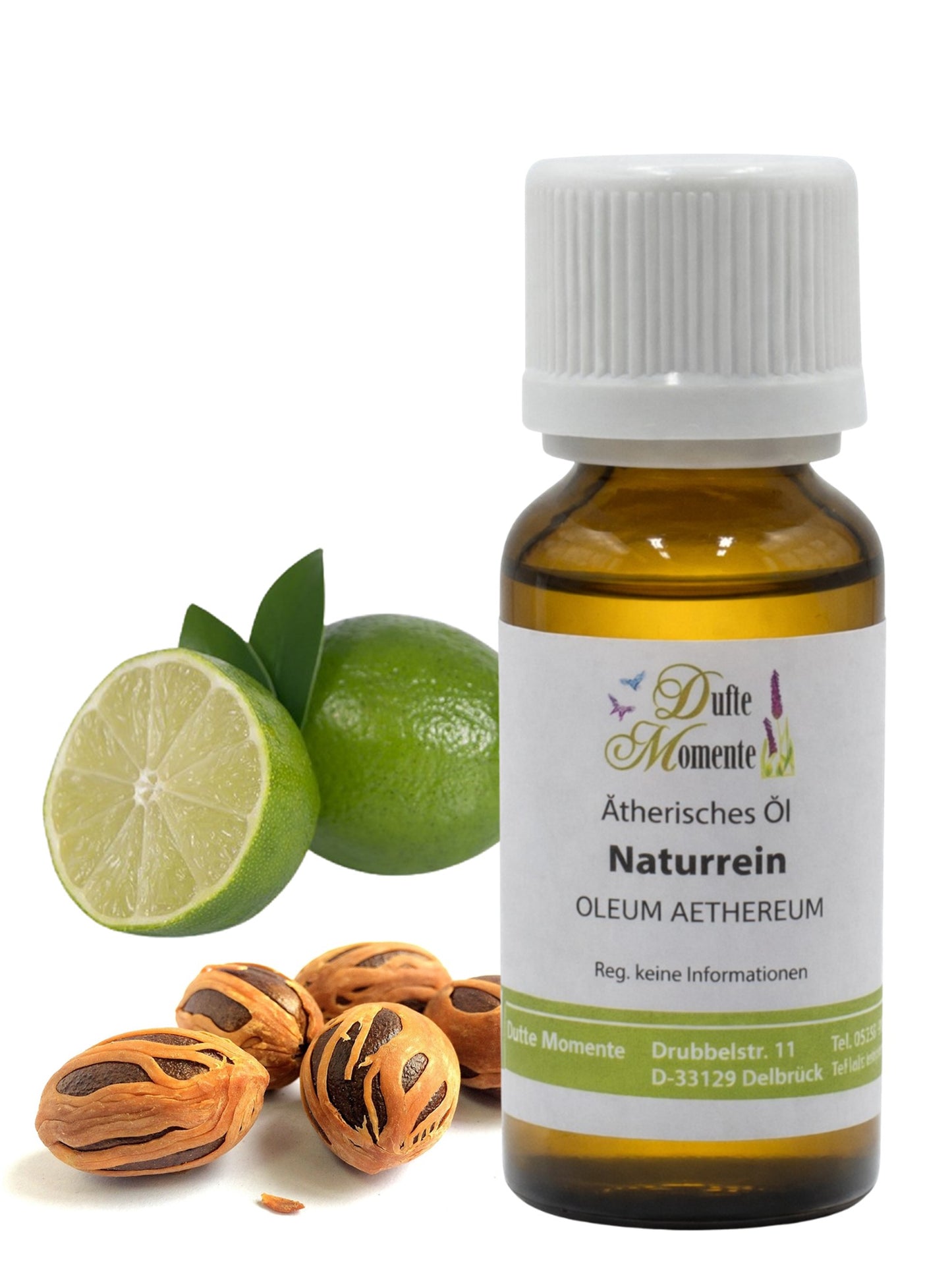 10-ml-Flasche der ätherischen Ölmischung Muskalimetto mit Limetten und Muskatnüssen