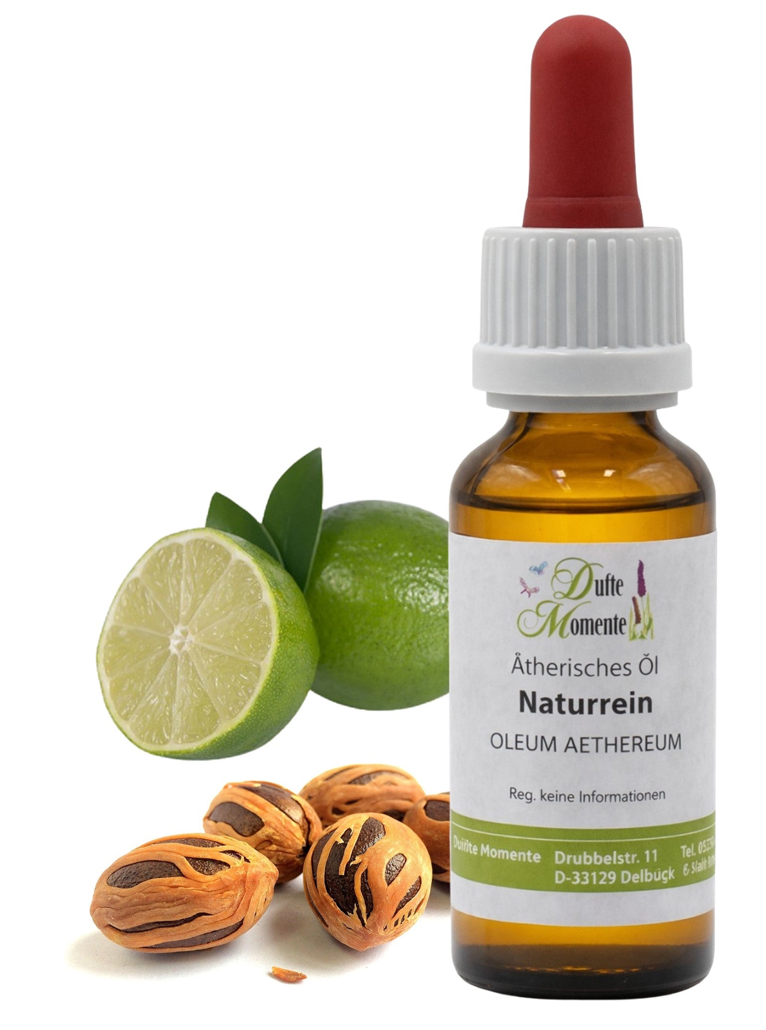 10-ml-Flasche mit Pipette der ätherischen Ölmischung Muskalimetto mit Limetten und Muskatnüssen