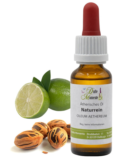 10-ml-Flasche mit Pipette der ätherischen Ölmischung Muskalimetto mit Limetten und Muskatnüssen