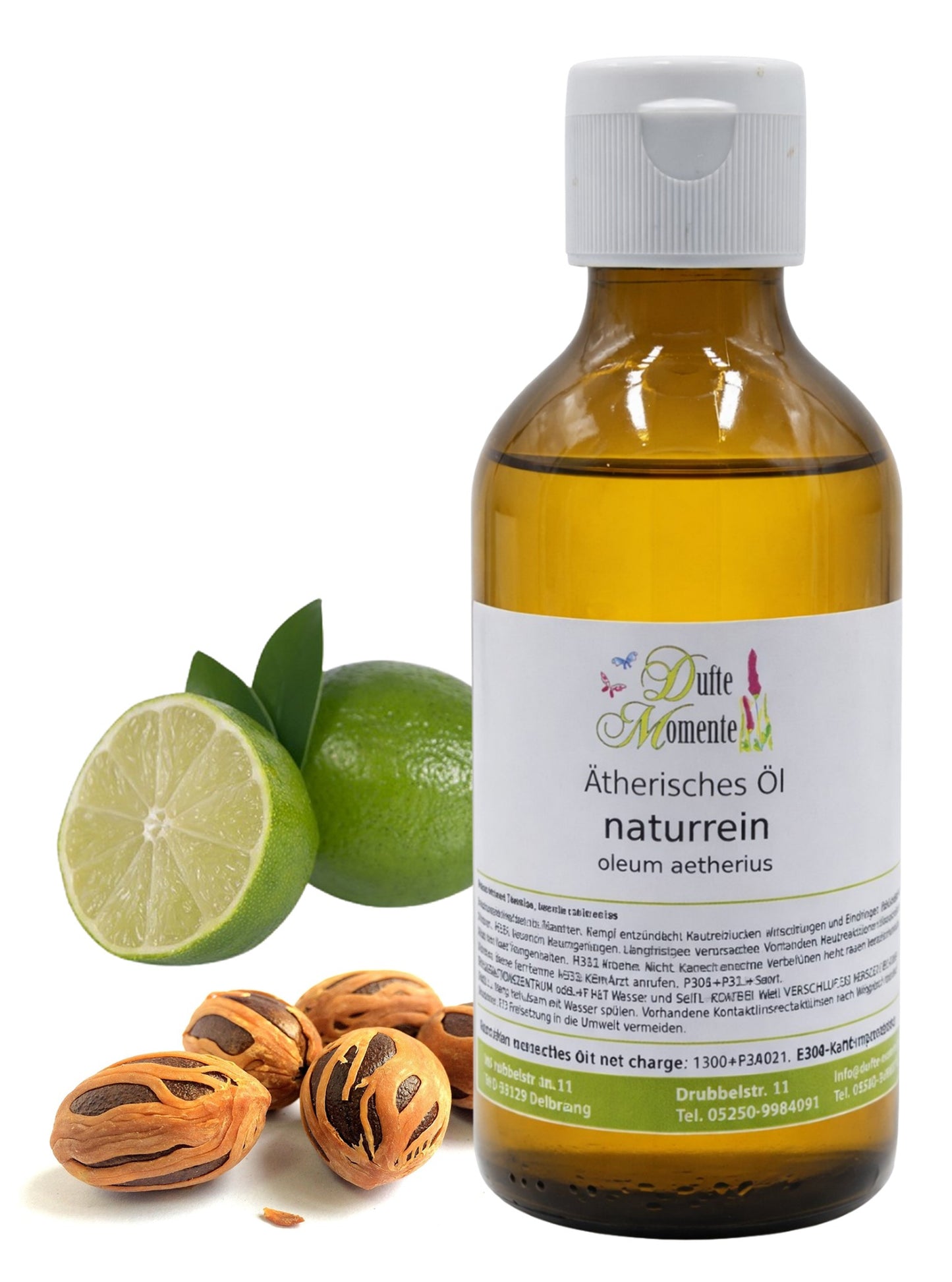 250-ml-Flasche der ätherischen Ölmischung Muskalimetto mit Limetten und Muskatnüssen