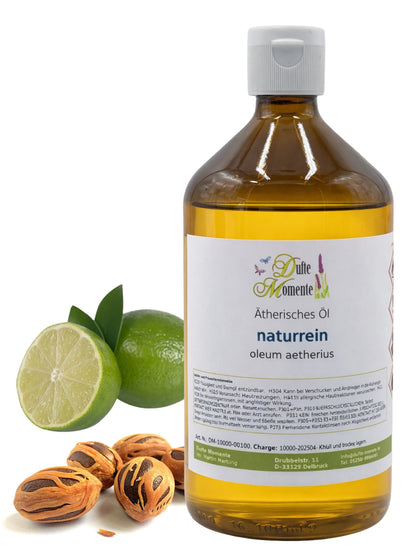 500-ml-Flasche der ätherischen Ölmischung Muskalimetto mit Limetten und Muskatnüssen