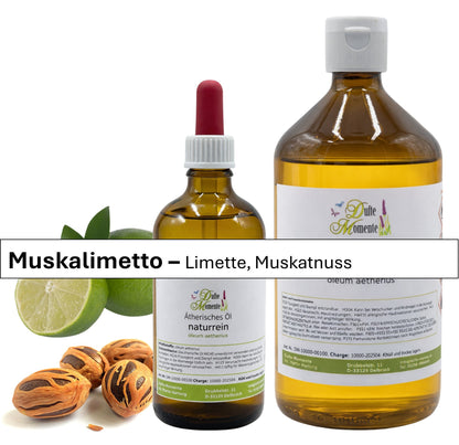 große und kleine Flasche der ätherischen Ölmischung Muskalimetto mit Limetten und Muskatnüssen