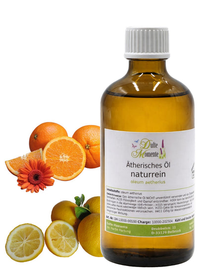 100-ml-Flasche der ätherischen Ölmischung Orange-Zitrone mit Orangen und Zitronen