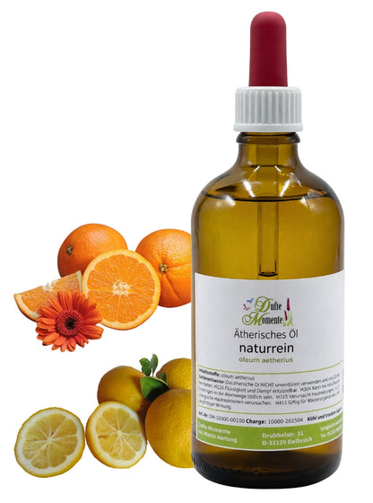 100-ml-Flasche mit Pipette der ätherischen Ölmischung Orange-Zitrone mit Orangen und Zitronen