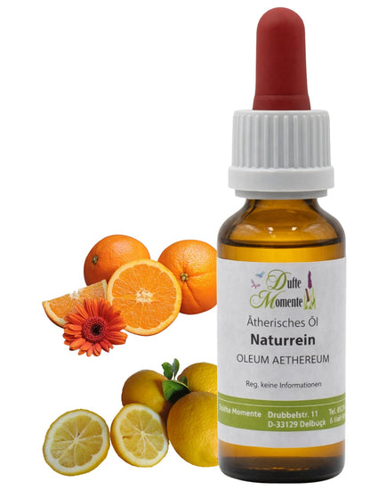 10-ml-Flasche mit Pipette der ätherischen Ölmischung Orange-Zitrone mit Orangen und Zitronen