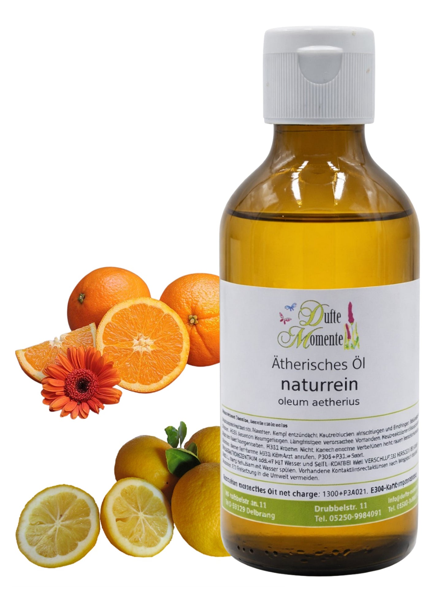 250-ml-Flasche der ätherischen Ölmischung Orange-Zitrone mit Orangen und Zitronen