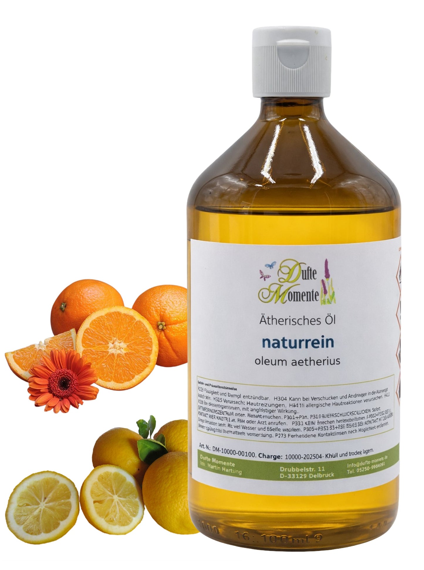 500-ml-Flasche der ätherischen Ölmischung Orange-Zitrone mit Orangen und Zitronen