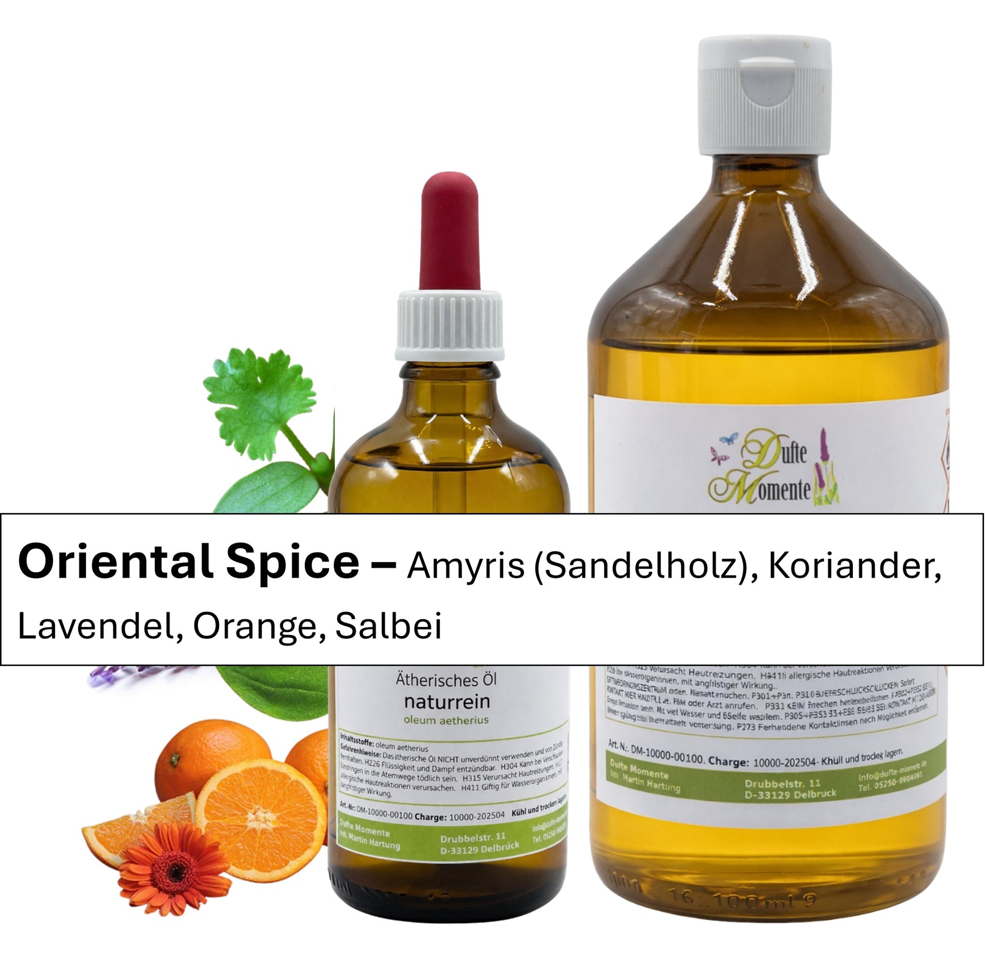 Große und kleine Flasche der ätherischen Ölmischung Oriental Spice mit Orangen, Lavendel, Basilikum und Koriander