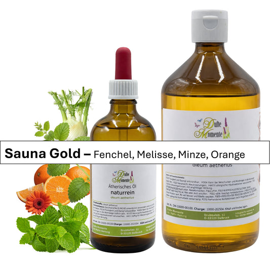 große und kleine Flasche der ätherischen Ölmischung Sauna Gold mit Melisse, Fenchel, Orange und Minze