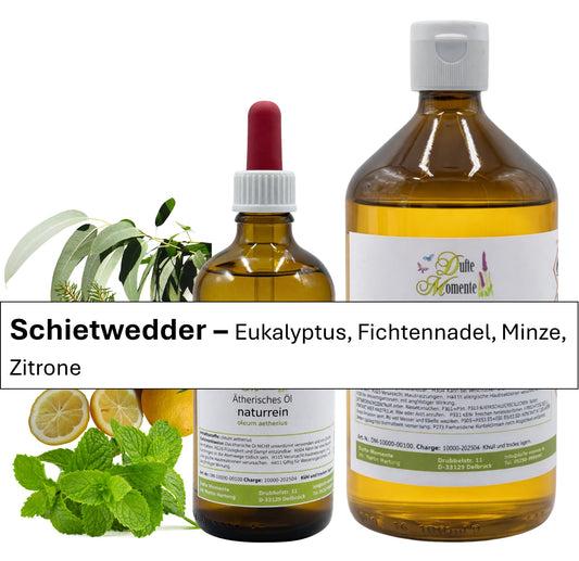 große und kleine Flasche der ätherischen Ölmischung Schietwedder mit Eukalyptus, Fichtennadel, Minze und Zitrone