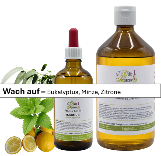 große und kleine Flasche der ätherischen Ölmischung Wach auf mit Eukalyptus, Minze und Zitrone