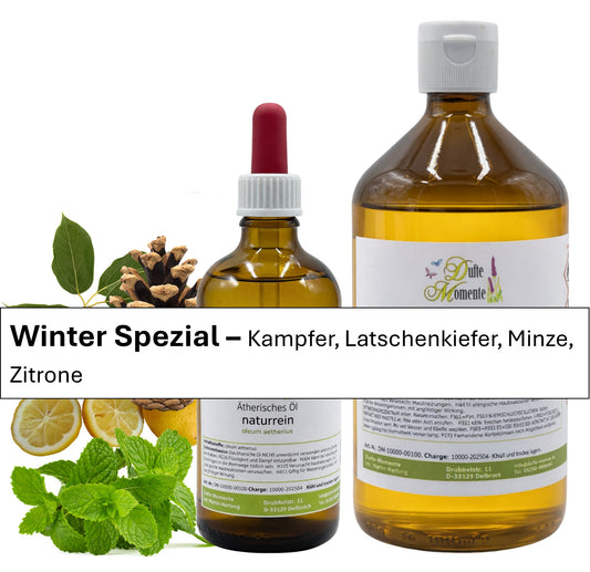 große und kleine Flasche der ätherischen Ölmischung Winter Spezial mit Kampfer, Latschenkiefer, Minze und Zitrone