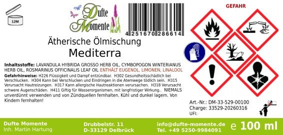 Gefahrstoffetikett ätherische Ölmischung Mediterra 100ml mit Inhaltsstoffen und GHS-Gefahrensymbolen