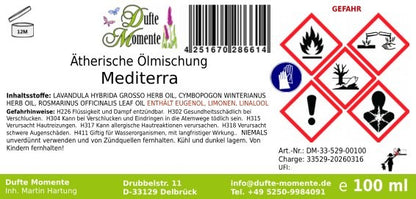 Gefahrstoffetikett ätherische Ölmischung Mediterra 100ml mit Inhaltsstoffen und GHS-Gefahrensymbolen