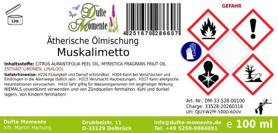 Gefahrstoffetikett ätherische Ölmischung Muskalimetto 100 ml mit Inhaltsstoffen und GHS-Gefahrensymbolen