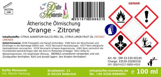Gefahrstoffetikett ätherische Ölmischung Orange-Zitrone 100 ml mit Inhaltsstoffen und GHS-Gefahrensymbolen