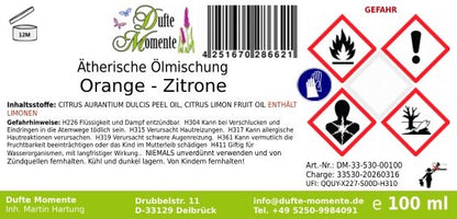 Gefahrstoffetikett ätherische Ölmischung Orange-Zitrone 100 ml mit Inhaltsstoffen und GHS-Gefahrensymbolen