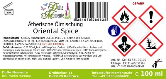 Gefahrstoffetikett ätherische Ölmischung Oriental Spice 100 ml mit Inhaltsstoffen und GHS-Gefahrensymbolen