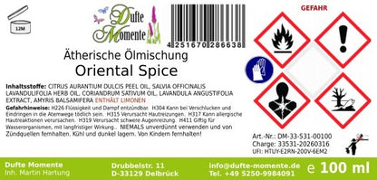 Gefahrstoffetikett ätherische Ölmischung Oriental Spice 100 ml mit Inhaltsstoffen und GHS-Gefahrensymbolen