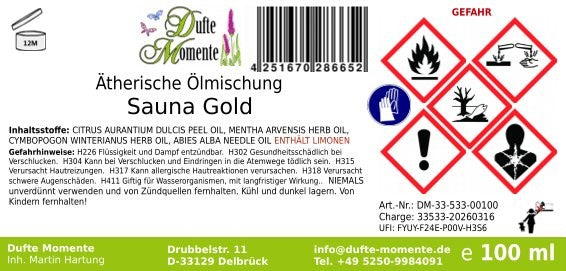 Sauna Gold (Melisse, Minze, Orange, Tannennadel) - ätherische Ölmischung, naturrein