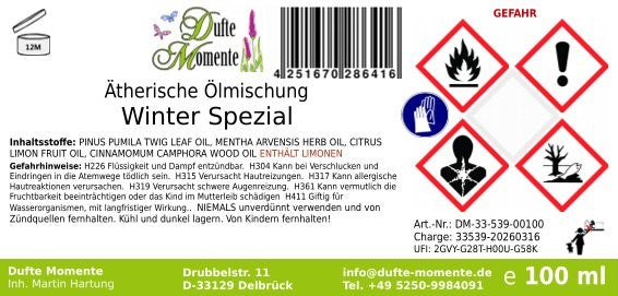 Gefahrstoffetikett ätherische Ölmischung Winter Spezial 100 ml mit Inhaltsstoffen und GHS-Gefahrensymbolen