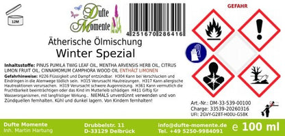 Gefahrstoffetikett ätherische Ölmischung Winter Spezial 100 ml mit Inhaltsstoffen und GHS-Gefahrensymbolen